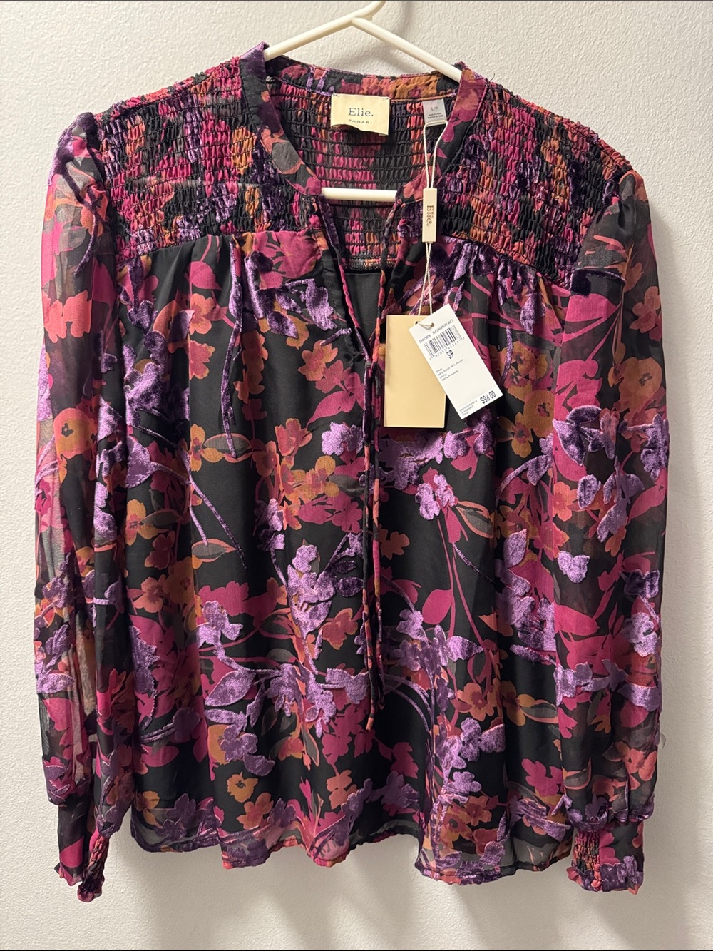 Tahari Black Floral Smocked Yoke Blouse with Purple & Pink Accents
